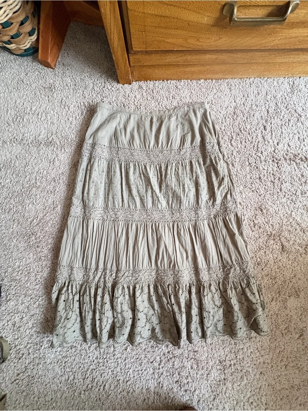 Women's Beige Tiered Eyelet Midi Skirt